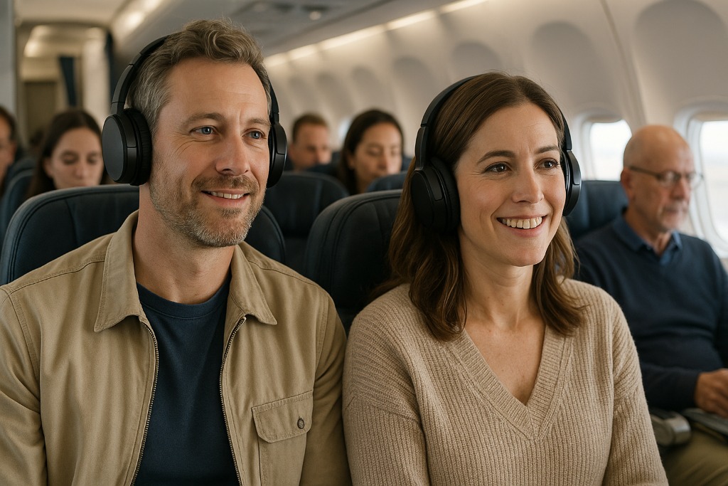 Twee mensen dragen een hoofdtelefoon in een vliegtuig