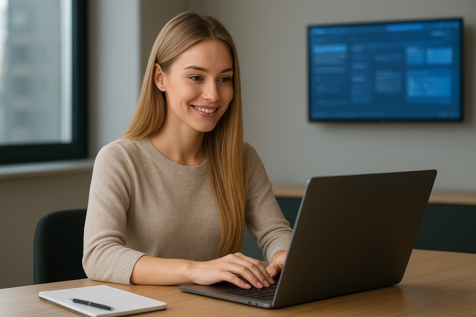 Lachende vrouw werkt op laptop