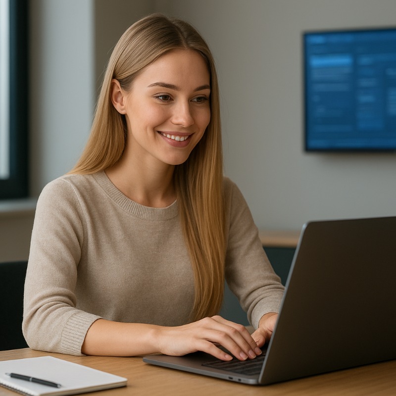 Lachende vrouw werkt op laptop